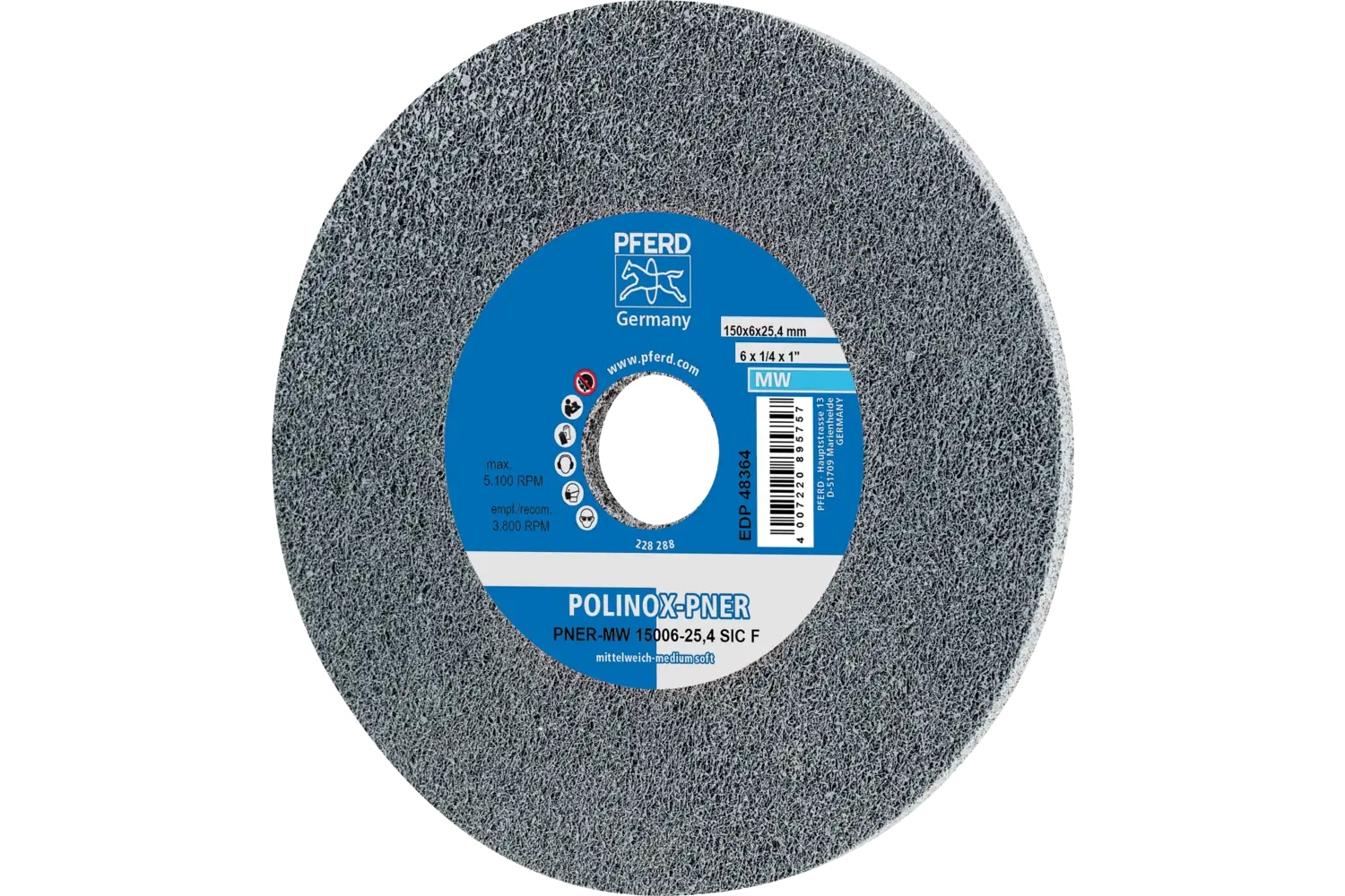 Picture of Pferd Polinox® Unitized Wheel, 6" X 1/4 X 1, Fine, Soft, 3Sf, Silicon Carbide